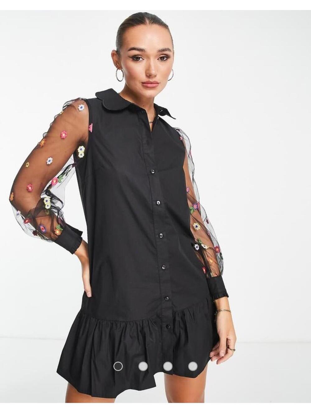 Never Fully Dressed Embroidered Cotton Sheer Sleeve Dress black sz S 4/6